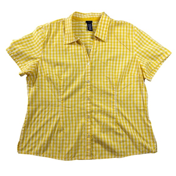 Basic Editions Tops - Basic Editions Yellow White Gingham Short Sleeve Button Down Shirt Womens XXL